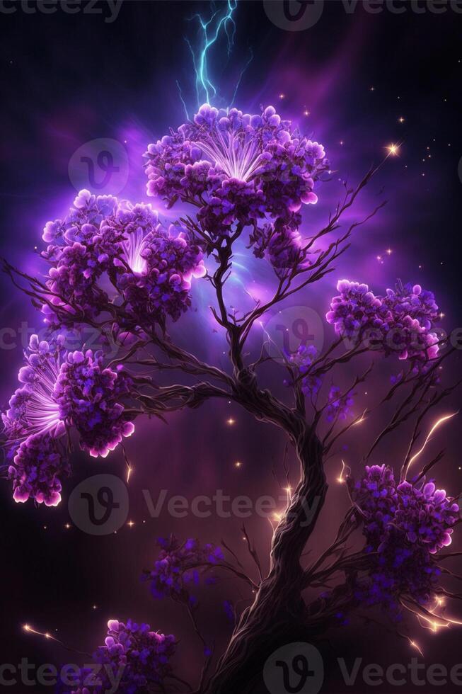 purple tree with lightning in the background. . photo