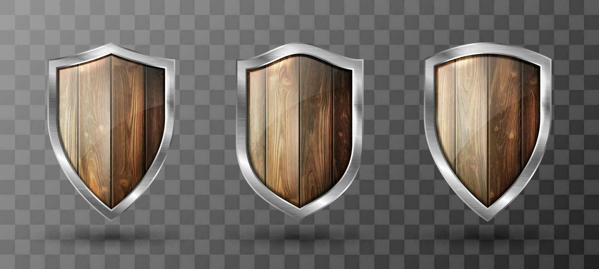 Wooden shield with metal frame realistic trophy vector