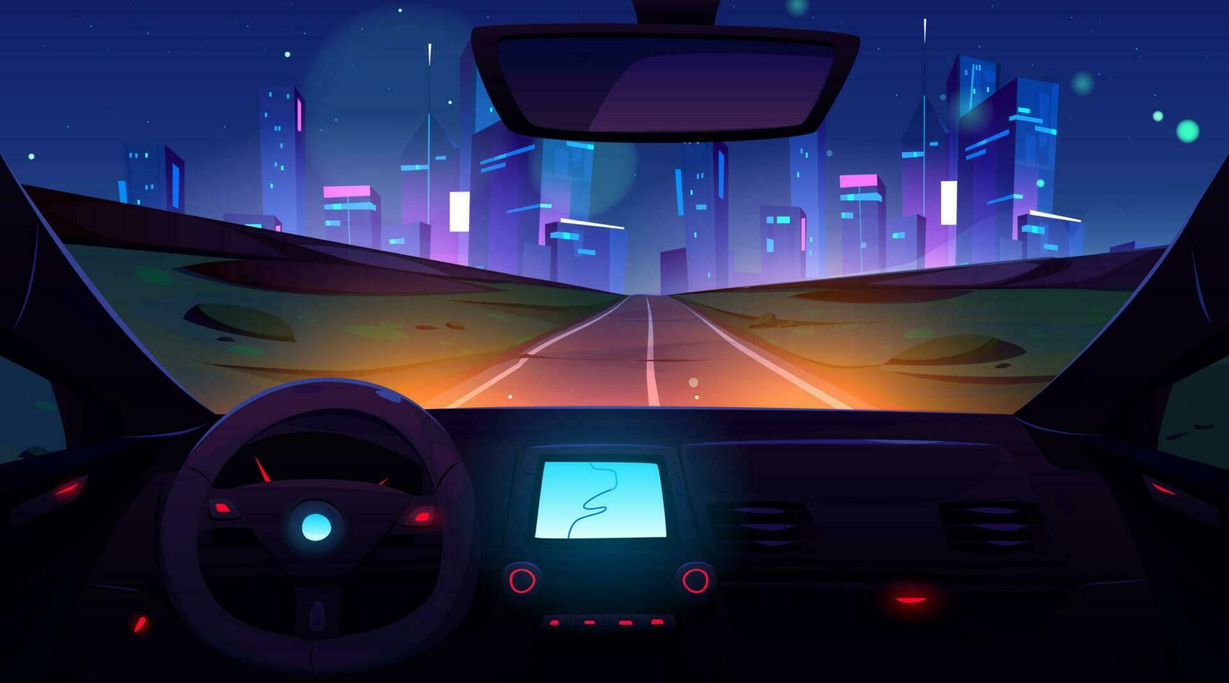 Car drive night road to city, inside view vector