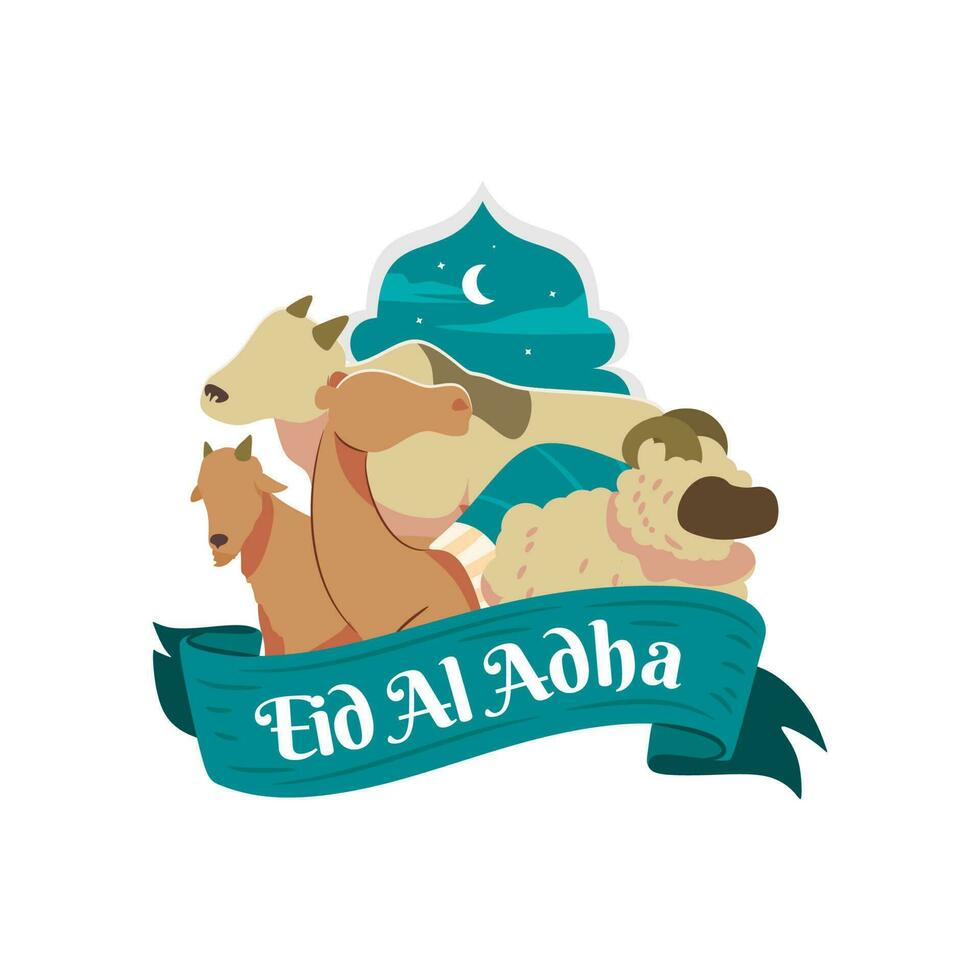 An illustration of animals and a banner that says eid al adha. vector