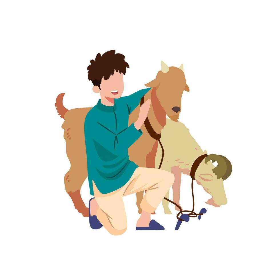 a man carries a goat for sacrifice during eid al adha vector