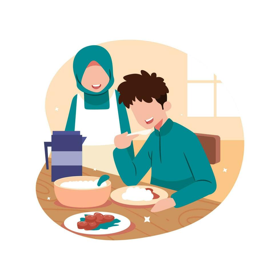 A cartoon of a man eating breakfast with a woman during Eid al-Adha vector