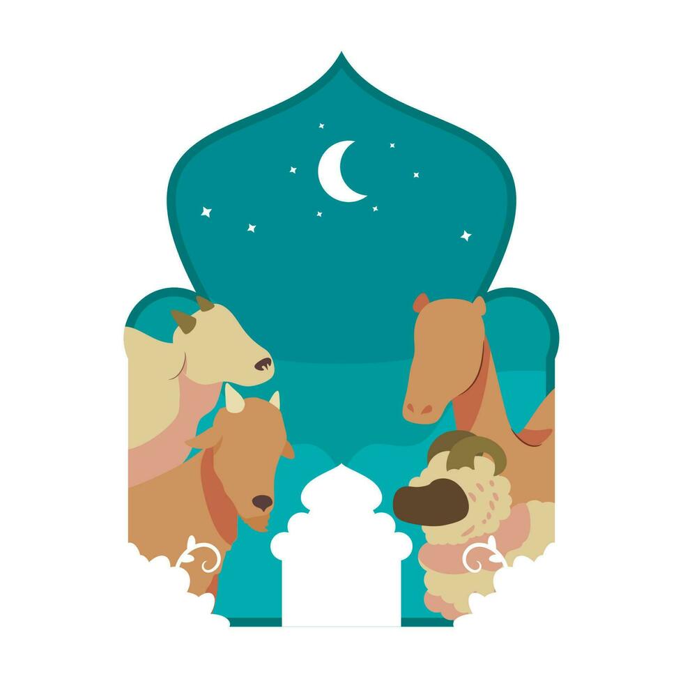 A paper cut art of a mosque with a man and two horses. vector