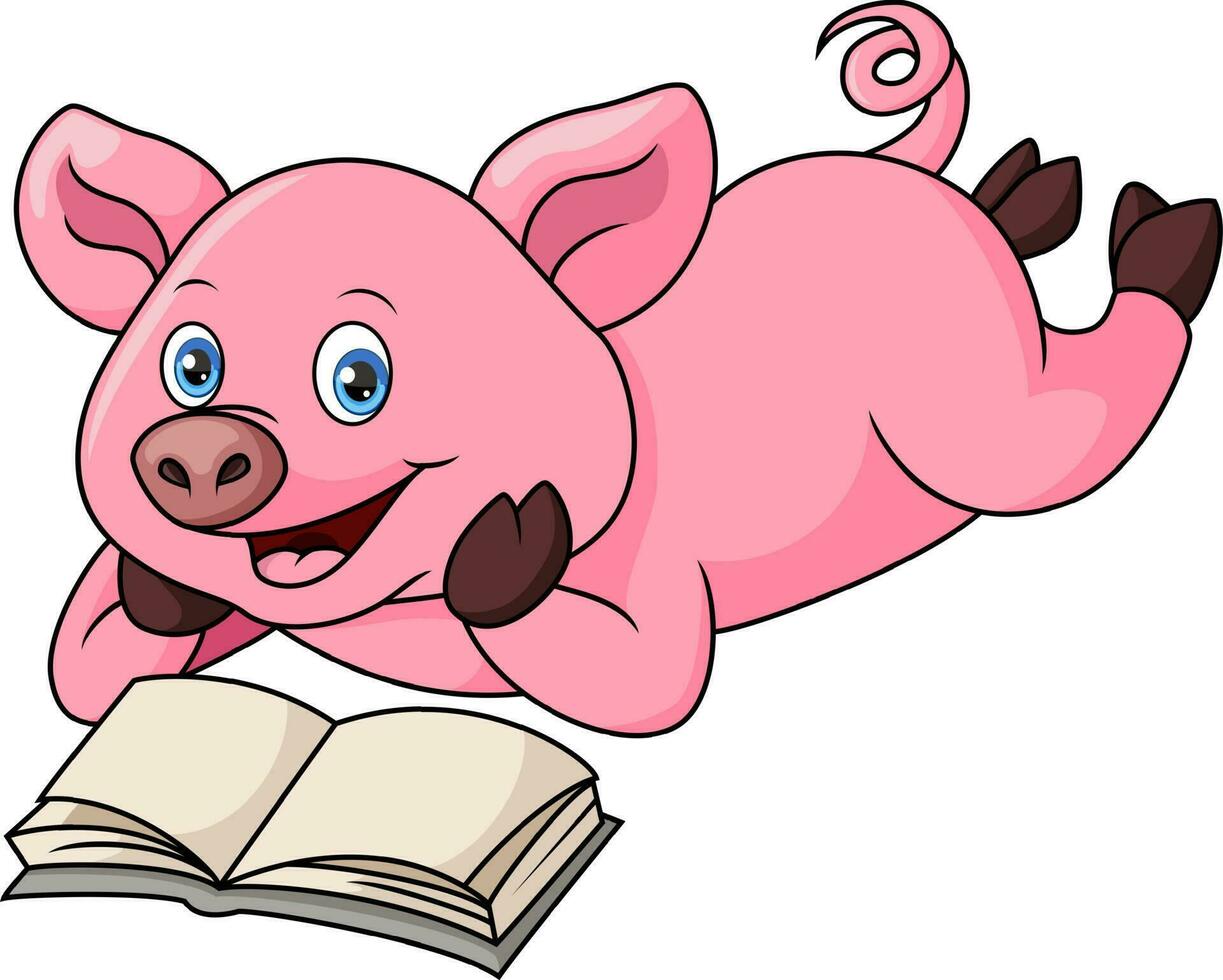 Cute pig cartoon reading a book vector