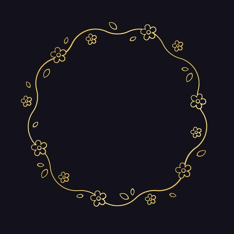 Gold Round Floral Frame Outline Doodle. Spring botanical circle border template, flourish design element for wedding, greeting card. vector
