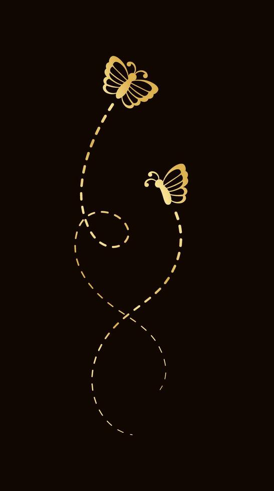 Golden Butterflies with Dotted Line Flight Route. Elegant gold butterflies trail. Vector design elements for spring and summer.