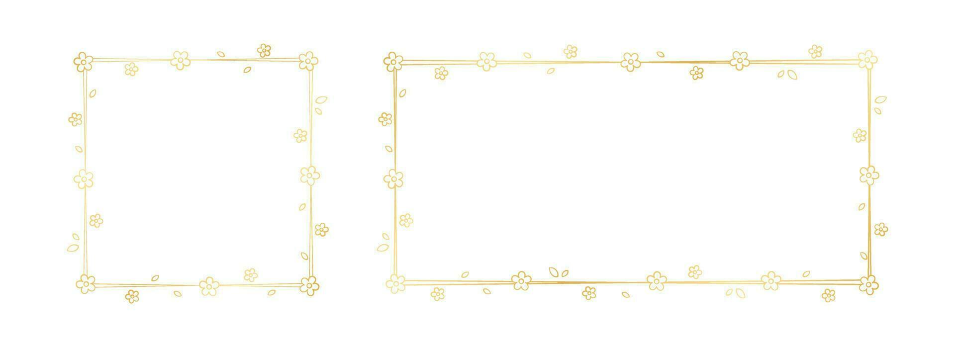 Gold Floral Frame Outline Doodle Set. Spring border template, flourish design element for wedding, greeting card. vector
