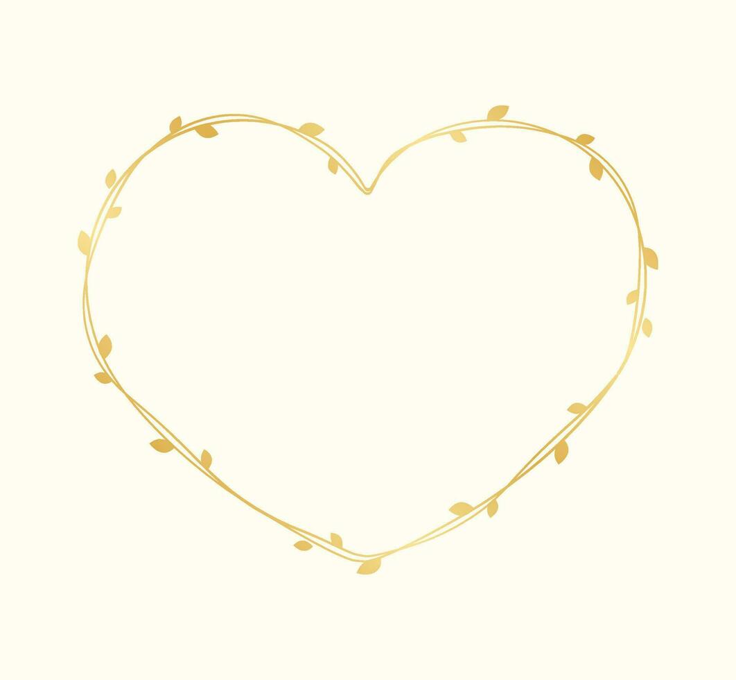 Gold Heart Shape Frame Made of Vine Leaves. Floral Valentines Day, Spring Summer Design Element, Love Concept vector