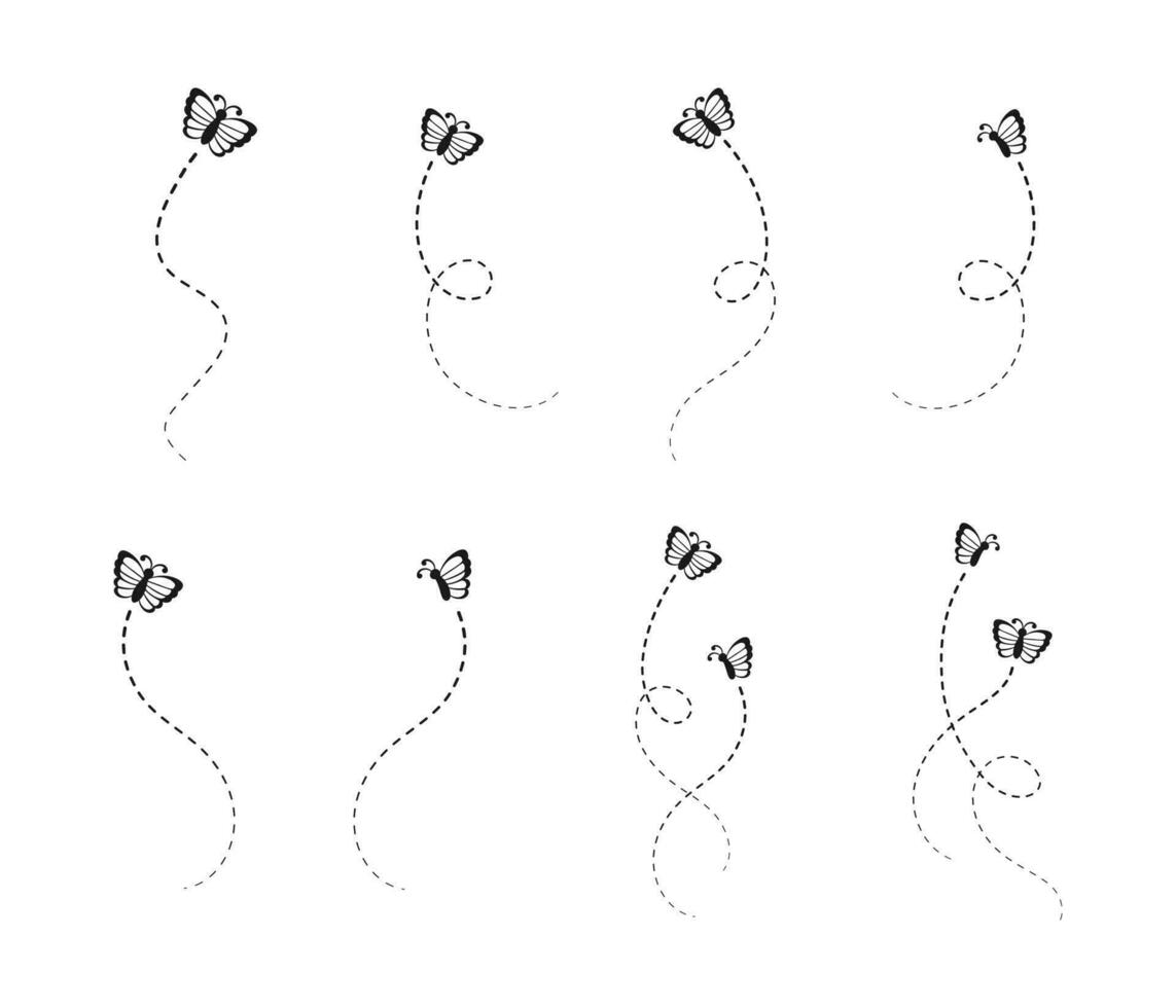 Butterfly silhouette set. Flying Butterflies with Flight Route Path. Beautiful elegant insects with open wings trail. Vector design elements for spring and summer.