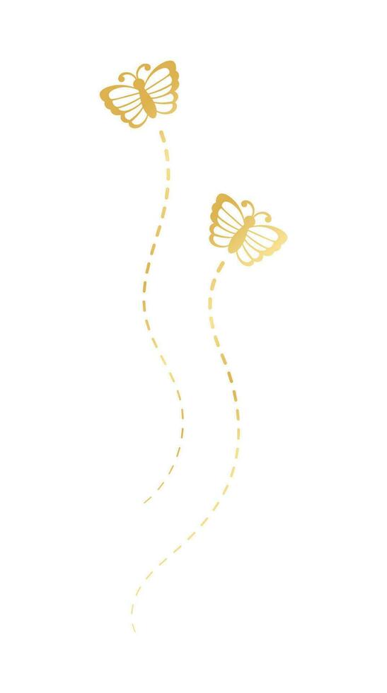 Golden Butterflies with Dotted Line Flight Route. Elegant gold butterflies trail. Vector design elements for spring and summer.