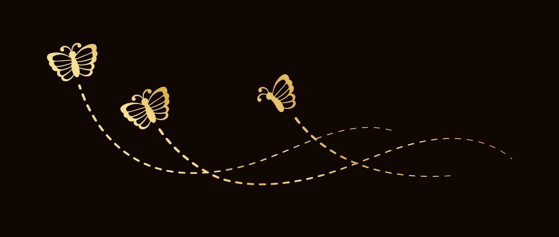 Golden Butterflies with Dotted Line Flight Route. Elegant gold butterflies trail. Vector design elements for spring and summer.