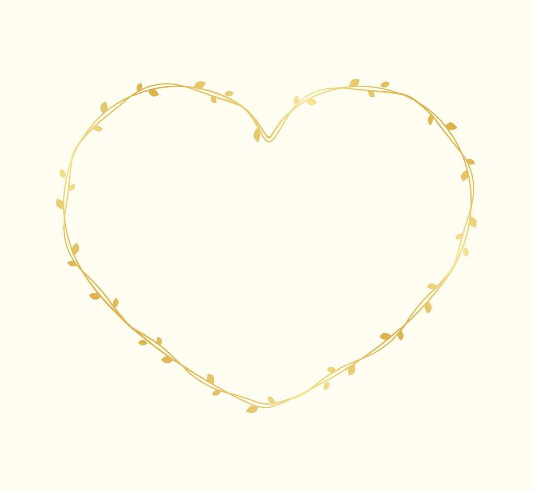 Gold Heart Shape Frame Made of Vine Leaves. Floral Valentines Day, Spring Summer Design Element, Love Concept vector