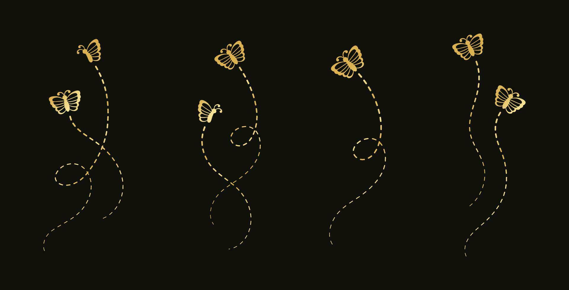 Gold Butterflies Set. Golden Flying Butterfly with Dotted Line Route. Beautiful elegant insects with open wings trail. Vector design elements for spring and summer.