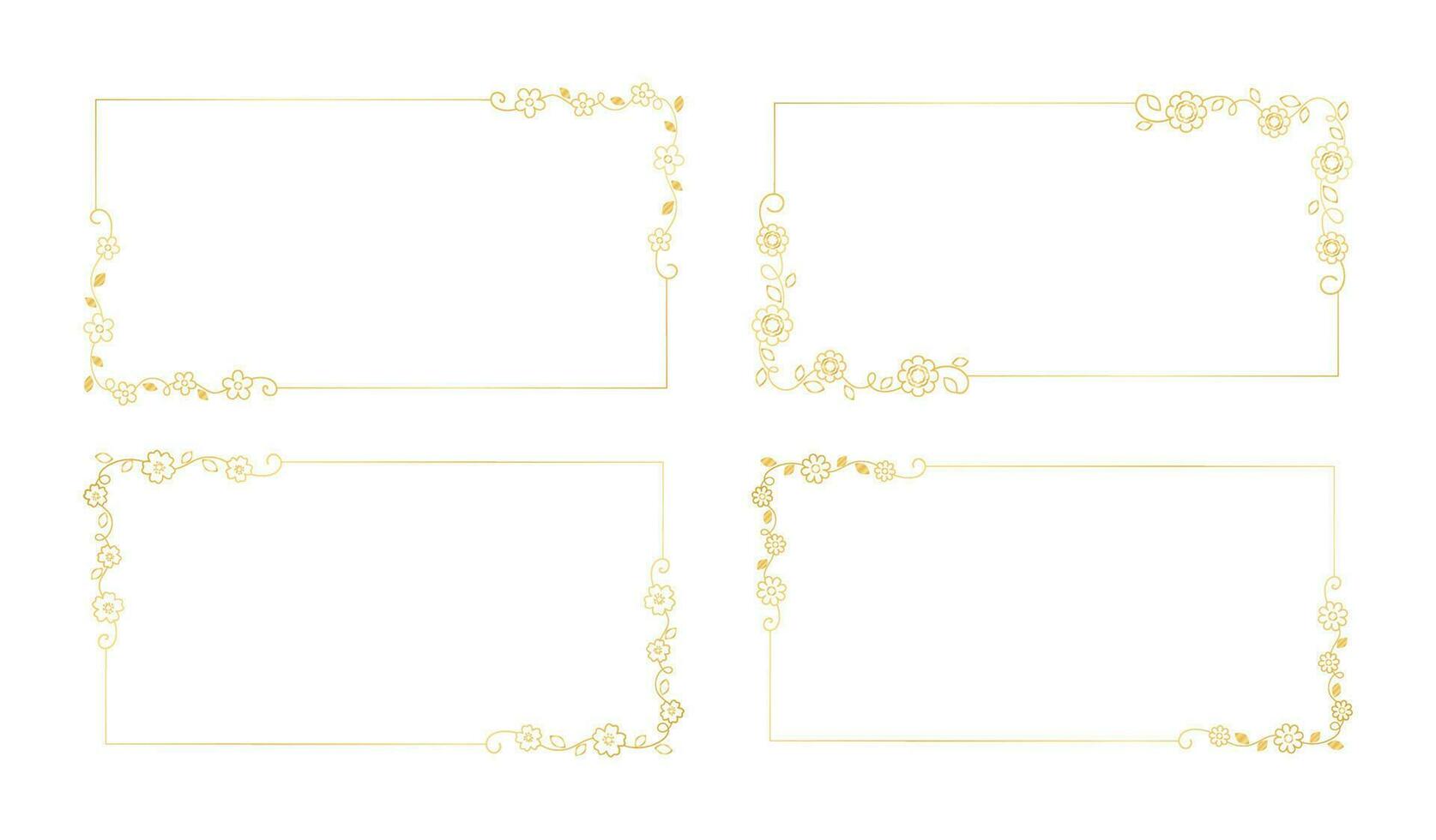 Gold Floral rectangle frame set. Simple line border, leaves and flowers, wedding invitation and cards, logo design and posters template. Elegant minimal style floral vector isolated