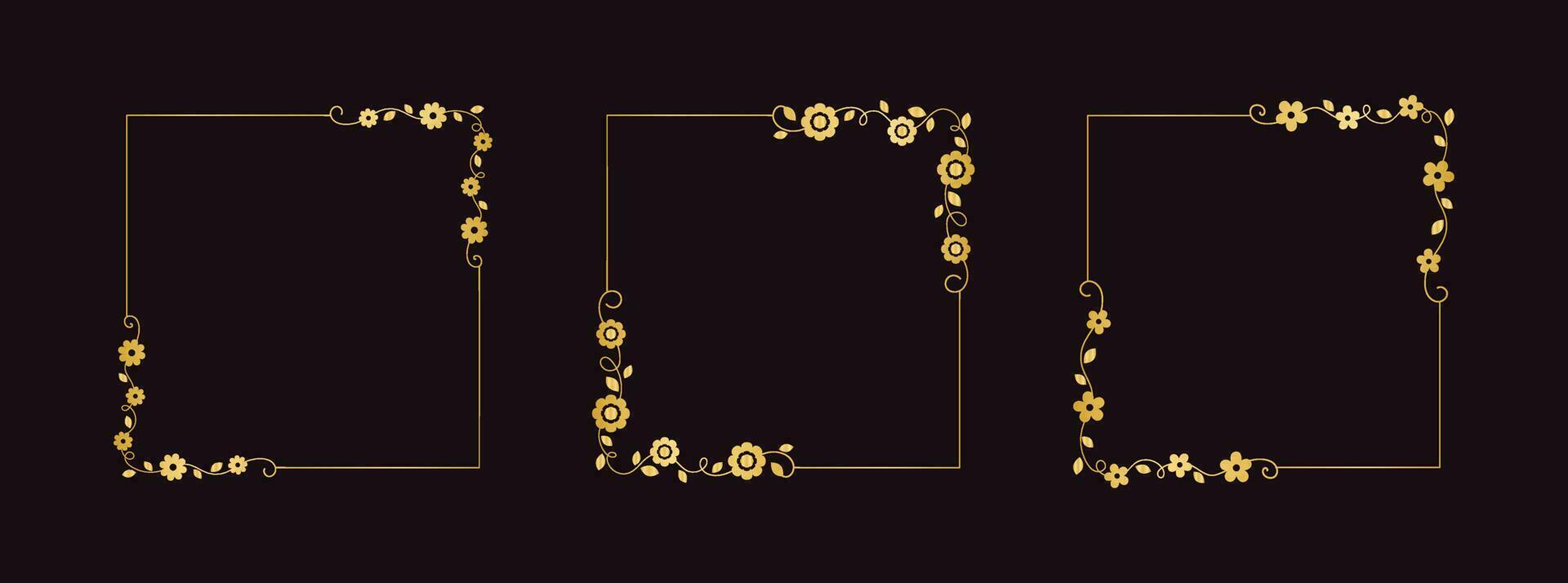 Botanical gold square frame set. Simple line border, leaves and flowers, wedding invitation and cards, logo design and posters template. Elegant minimal style floral vector isolated