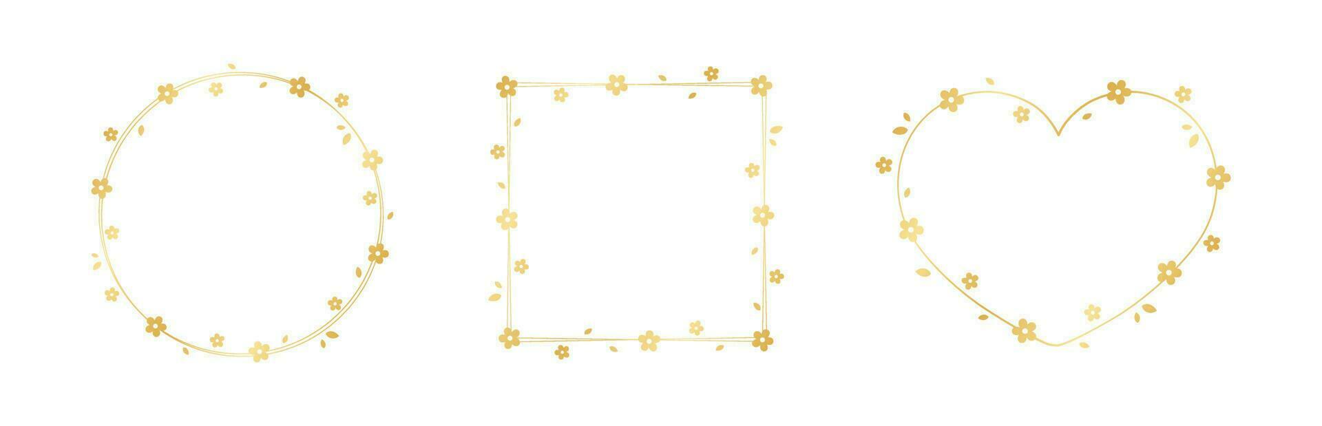 Golden Floral Frame Set. Botanical border template, flourish design element for wedding, greeting card. vector