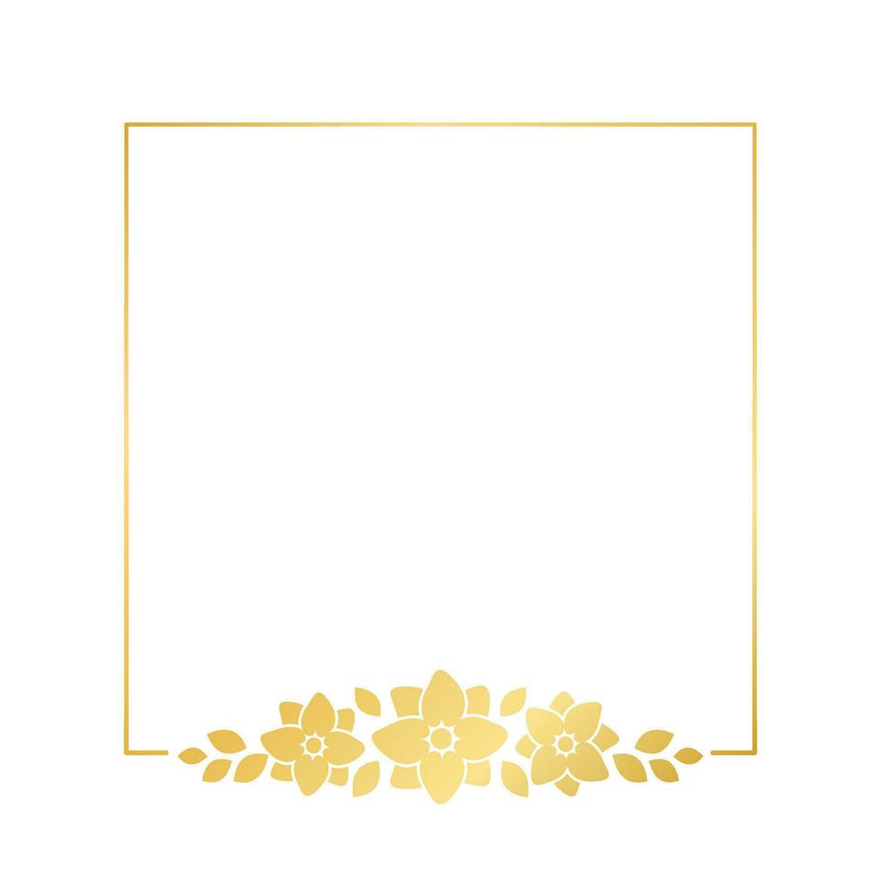 Square gold floral frame template. Luxury golden frame border for invite, wedding, certificate. Vector art with flowers and leaves.