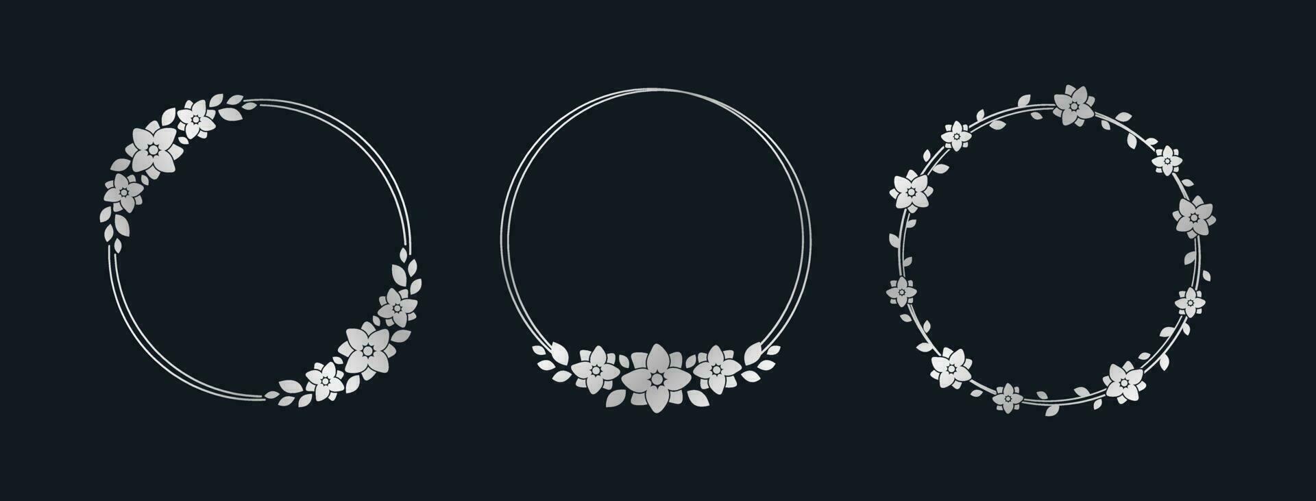 Round silver floral frame set. Luxury golden frame border for invite, wedding, certificate. Vector art with flowers and leaves.