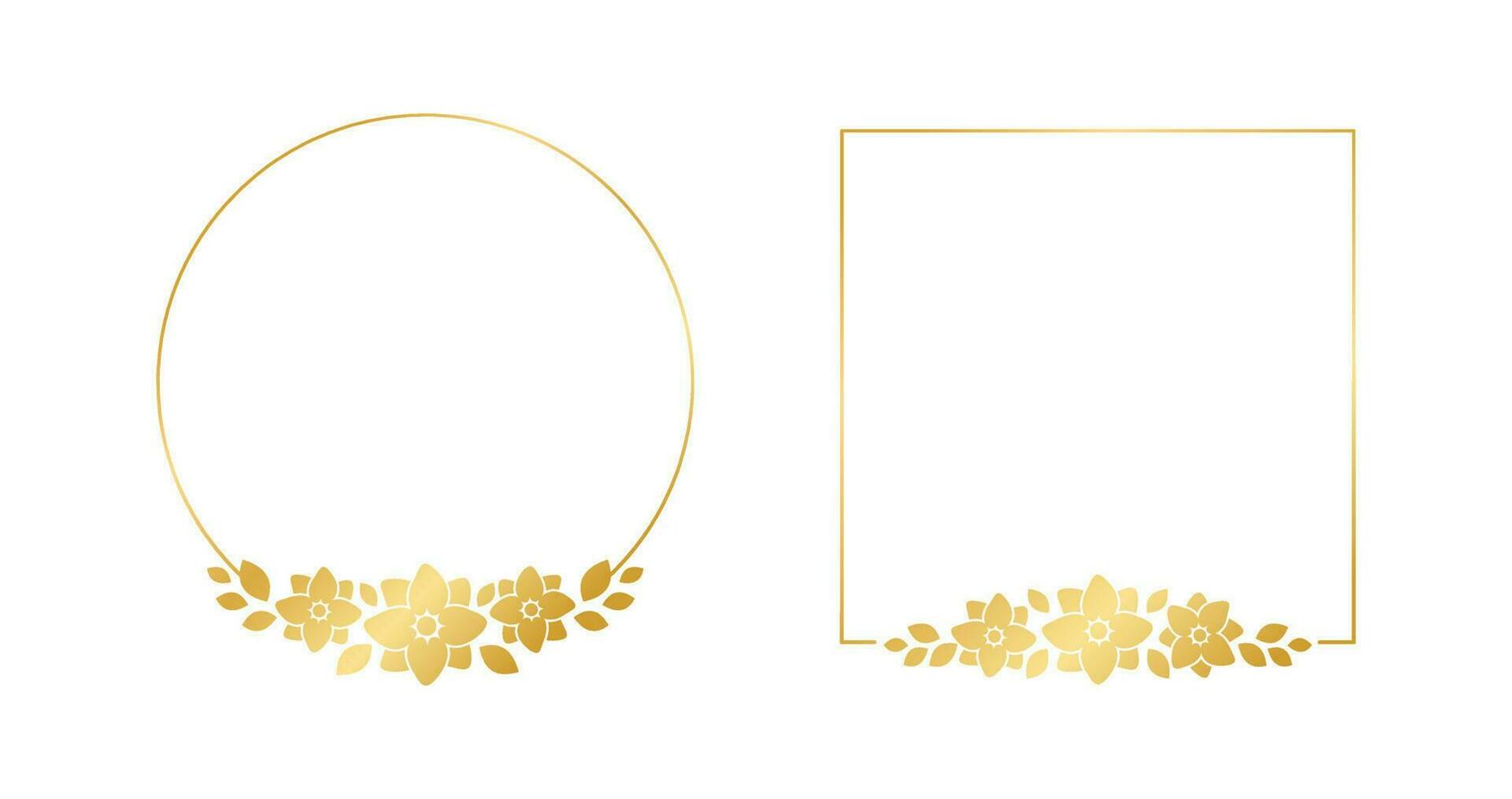 Gold geometric floral frame template set. Luxury golden frame border for invite, wedding, certificate. Vector art with flowers and leaves.