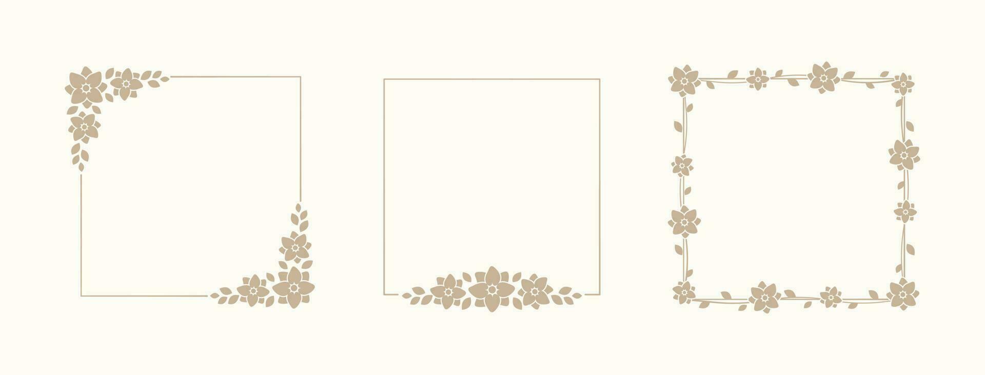 Set of elegant square floral frame and borders. Boho line wedding flowers, leaves for invitation save the date card. Botanical aesthetic design vector illustration.