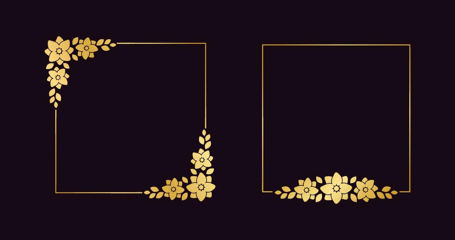 Square gold floral frame collection set. Luxury golden frame border for invite, wedding, certificate. Vector art with flowers and leaves.
