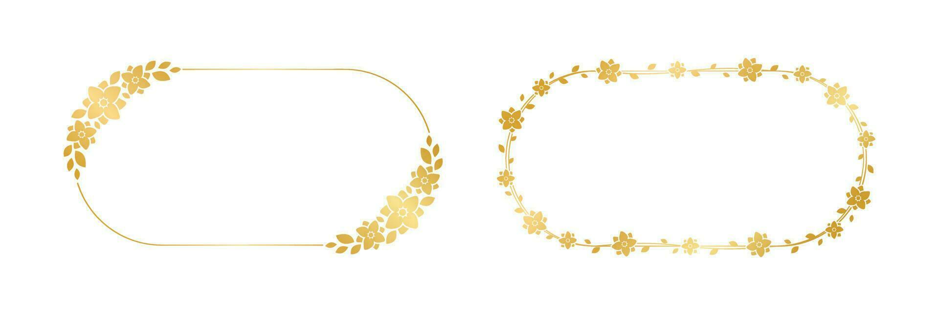 Gold oval floral frame set. Luxury golden frame border for invite, wedding, certificate. Vector art with flowers and leaves.