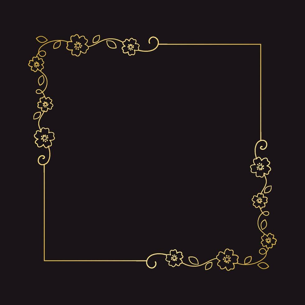 Gold floral square frame. Elegant line border, leaves and flowers, wedding invitation and cards, logo design and posters template. Simple minimal style botanical vector art.