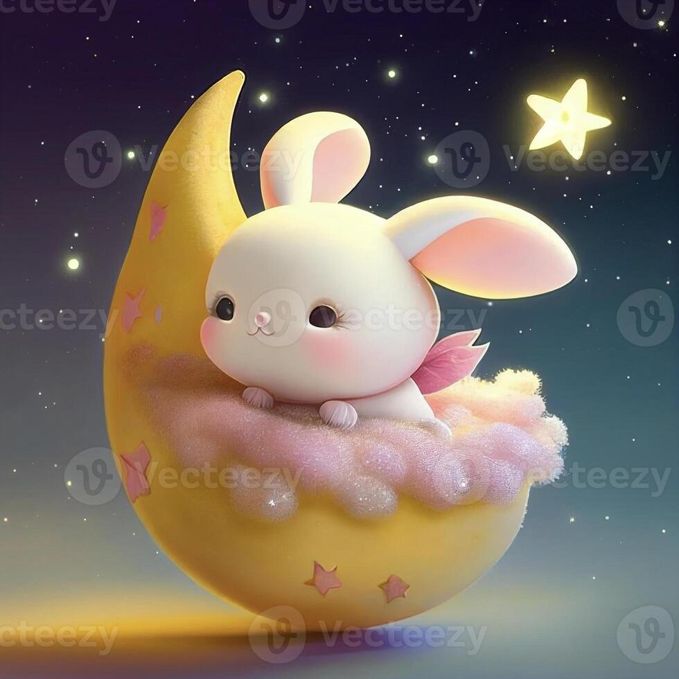 white rabbit sitting on top of a yellow moon. . photo