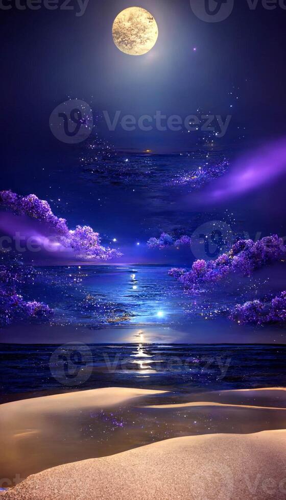 playa a noche con un lleno Luna en el cielo. generativo ai. foto