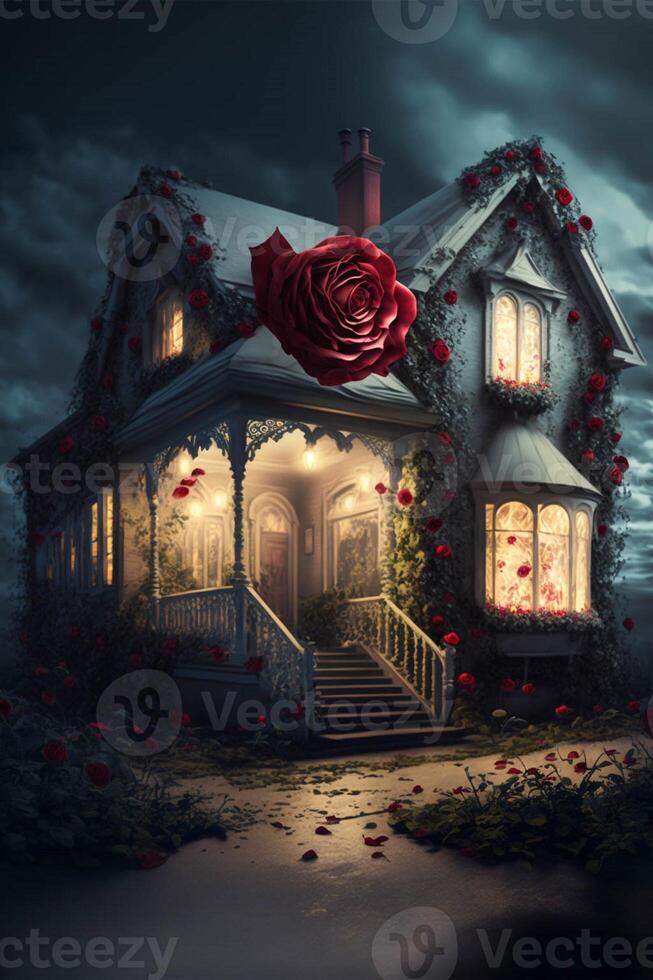 house with a rose on the front of it. . photo