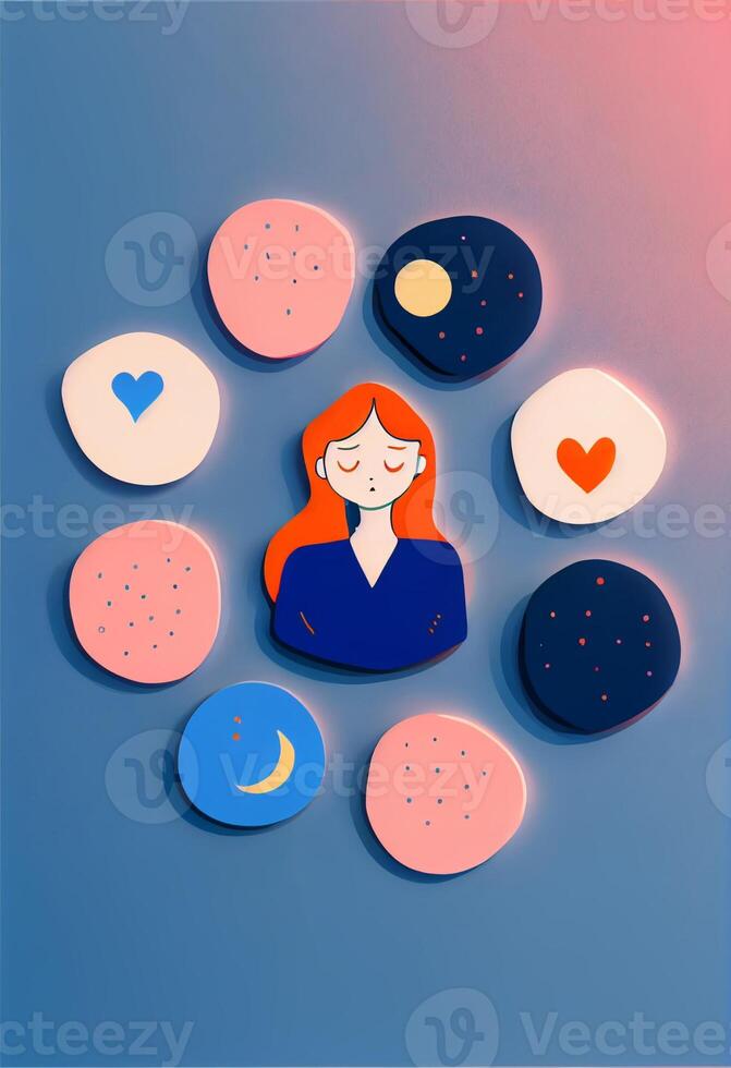 woman surrounded by circles of different shapes. . photo