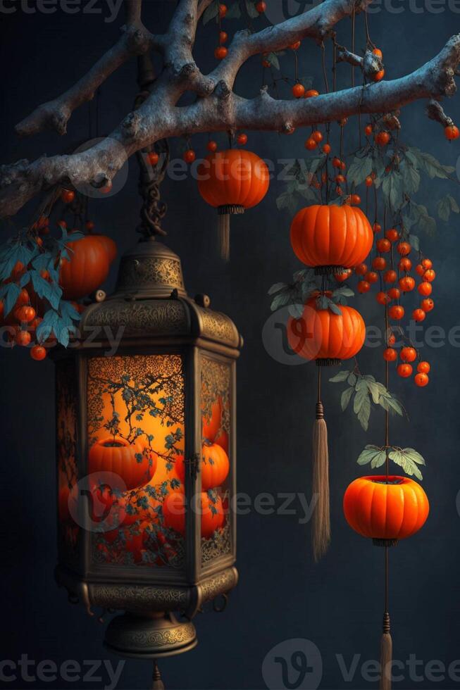 lantern hanging from a tree filled with pumpkins. . photo