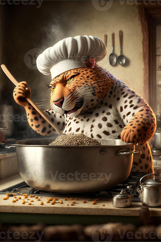 cheetah in a chefs hat cooking on a stove. . photo