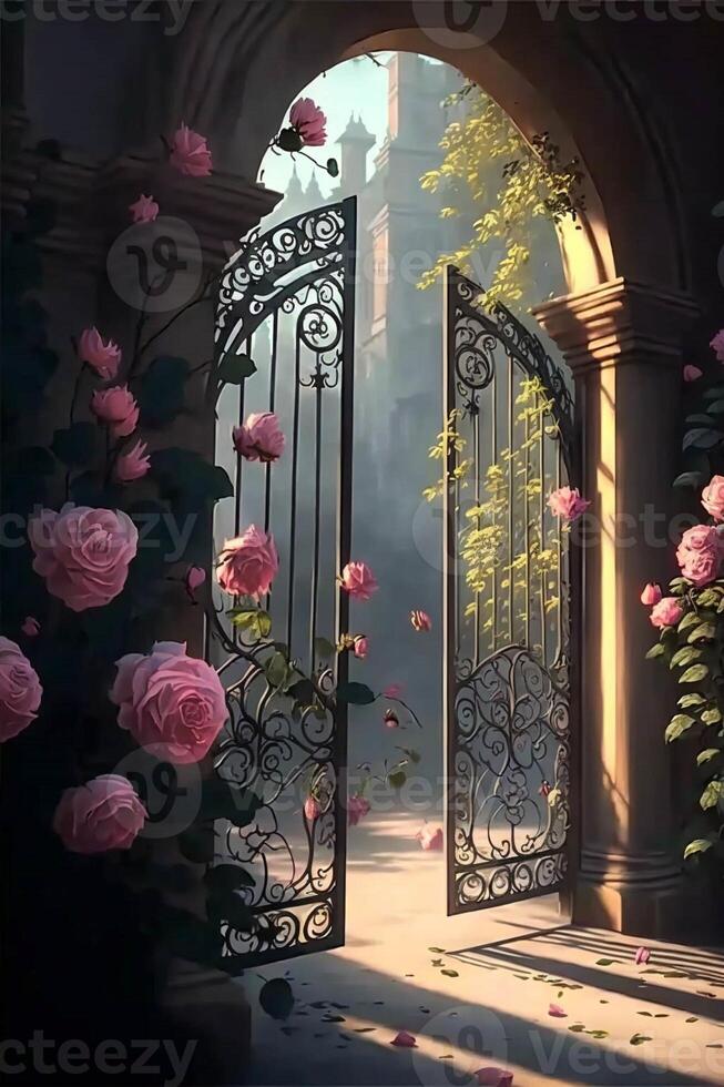 painting of a gate surrounded by pink roses. . photo