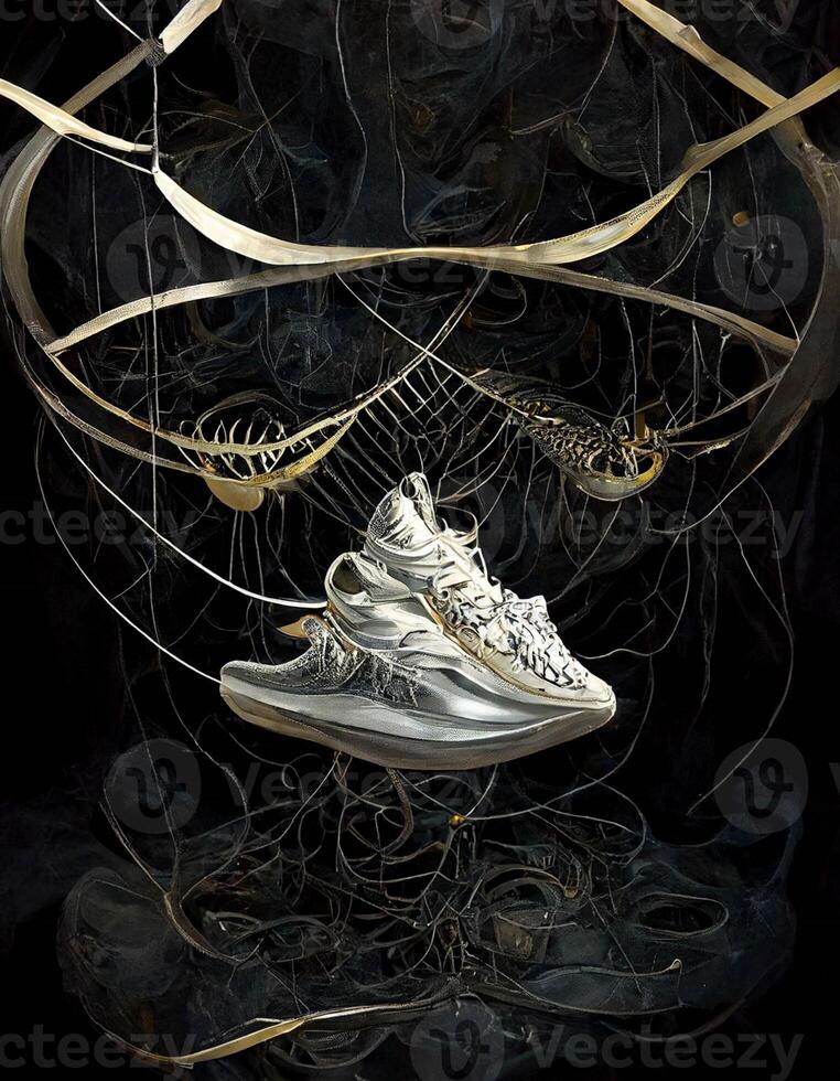 painting of a pair of shoes hanging from a string. . photo