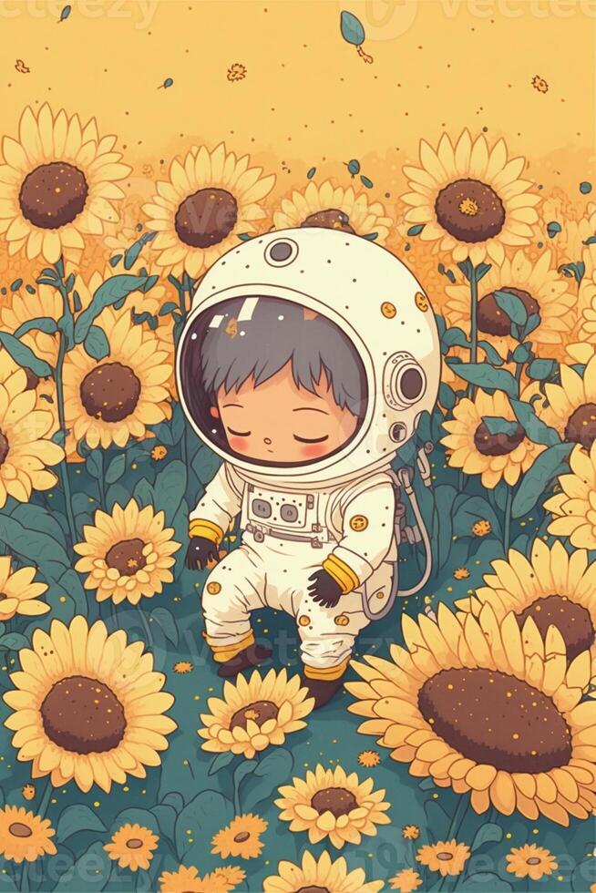 an astronaut in a field of sunflowers. . photo