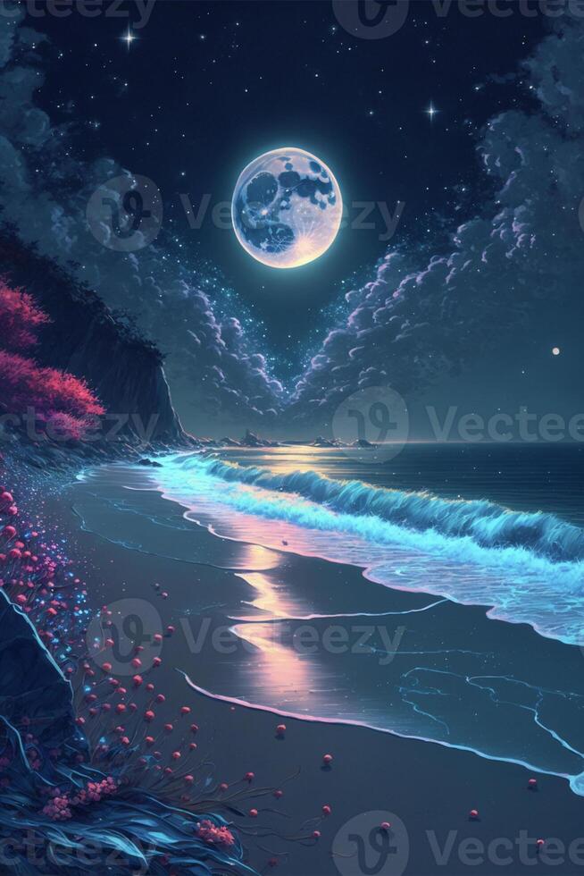 painting of a beach at night with a full moon. . photo