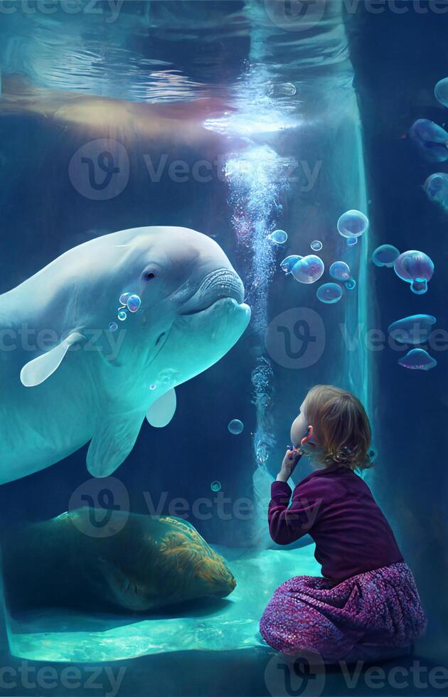 there is a little girl that looking at whale. . photo