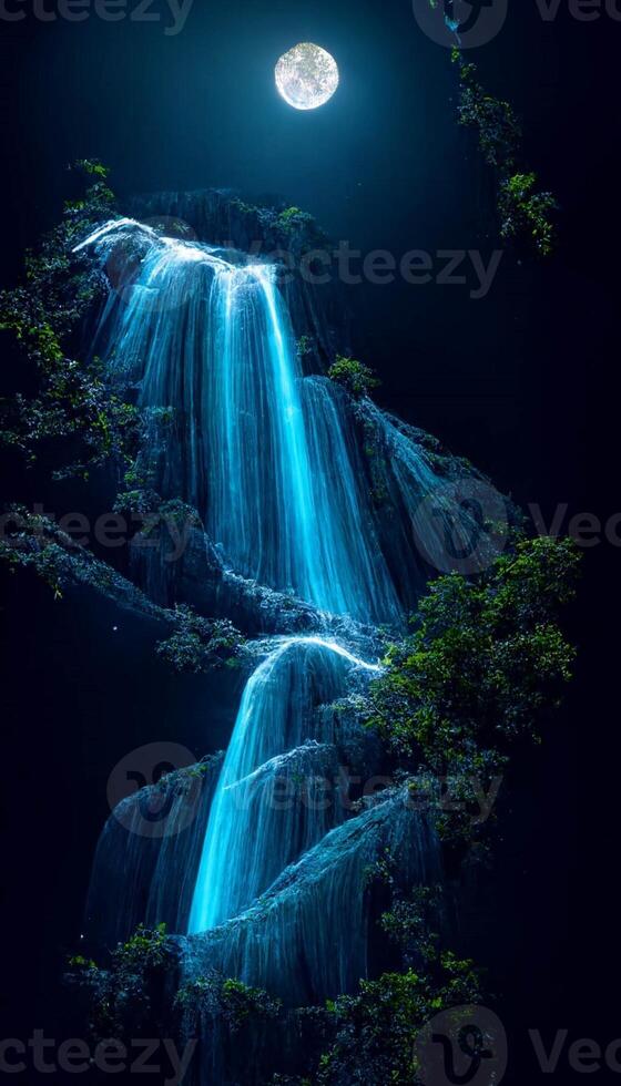 waterfall with a full moon in the background. . photo