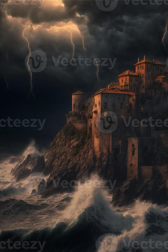 castillo sentado en parte superior de un acantilado siguiente a el océano. generativo ai. foto