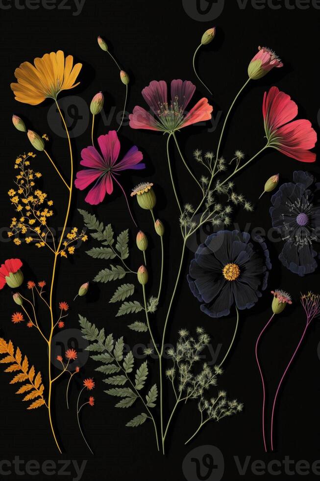 bunch of different types of flowers on a black surface. . photo