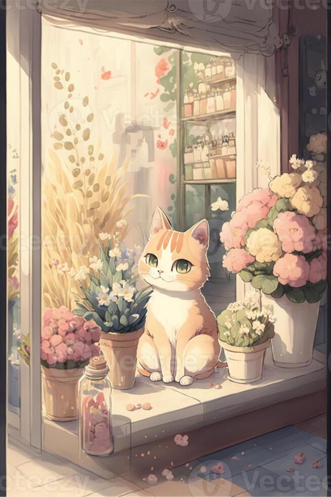 cat sitting on a window sill in front of a flower shop. . photo