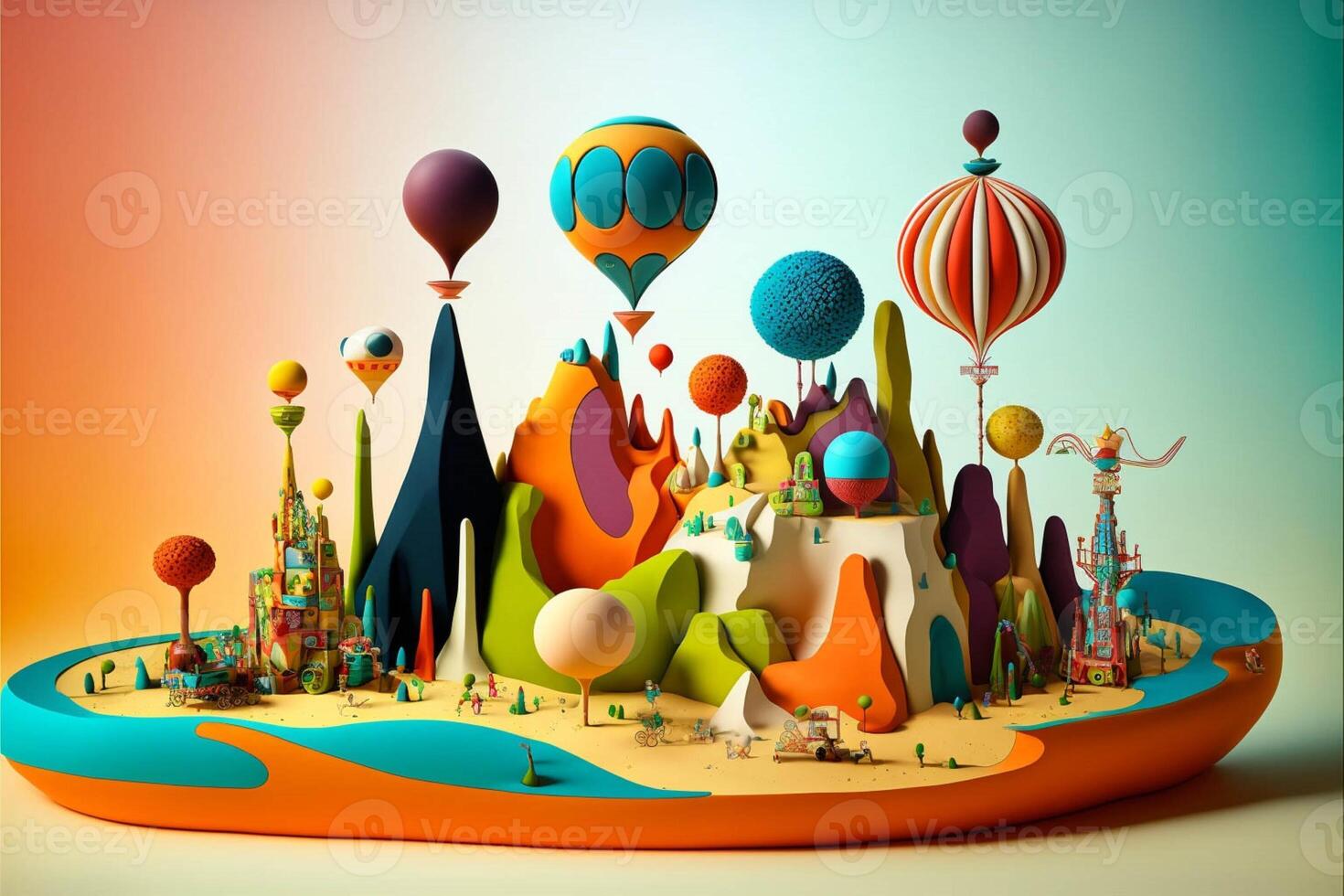 model of a city with hot air balloons in the sky. . photo