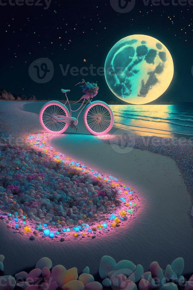 bicicleta en un playa con un lleno Luna en el antecedentes. generativo ai. foto