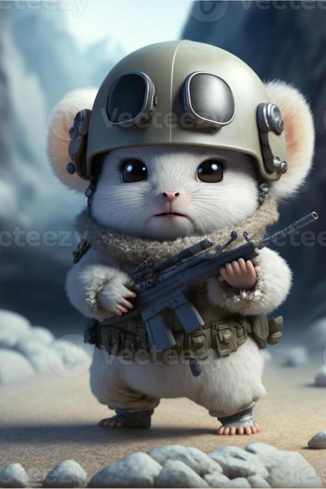 white mouse wearing a helmet and holding a rifle. . photo