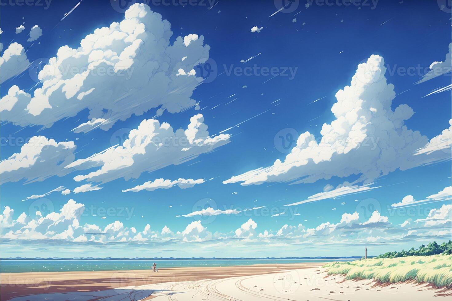 painting of a beach with clouds in the sky. . photo