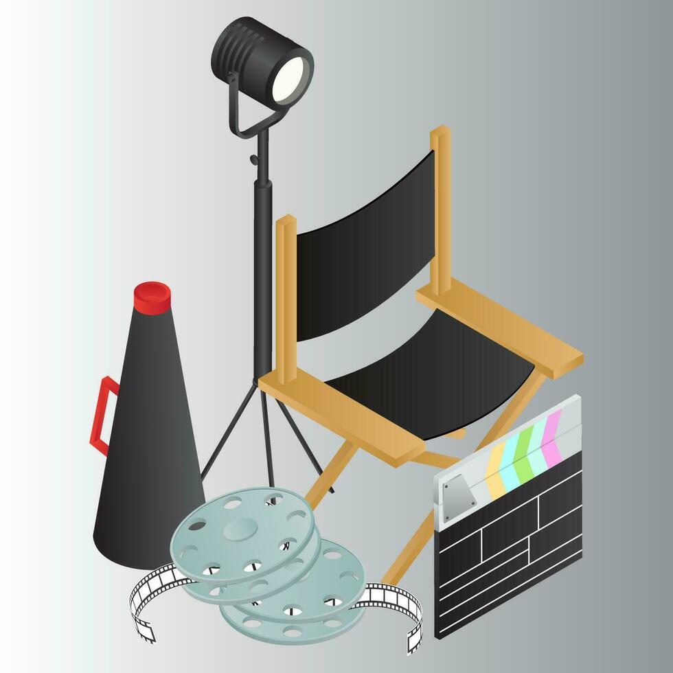 3D director chair with video camera, studio light, film reel, clapper and megaphone on grey background. vector