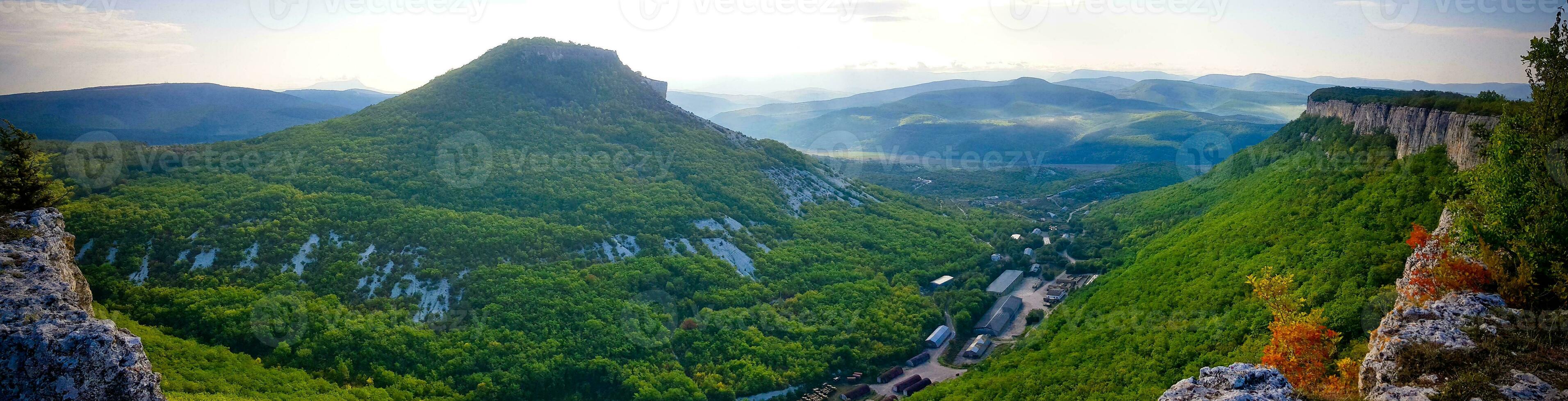 View of the Tepe-Kermen mountains. Bakhchisarai region. Crimea. Panorama photo