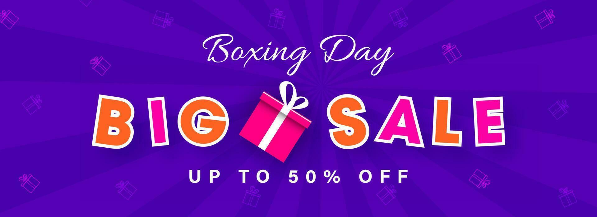 Big Sale header or banner design with gift box and 50 discount offer on purple rays background for Boxing Day. vector