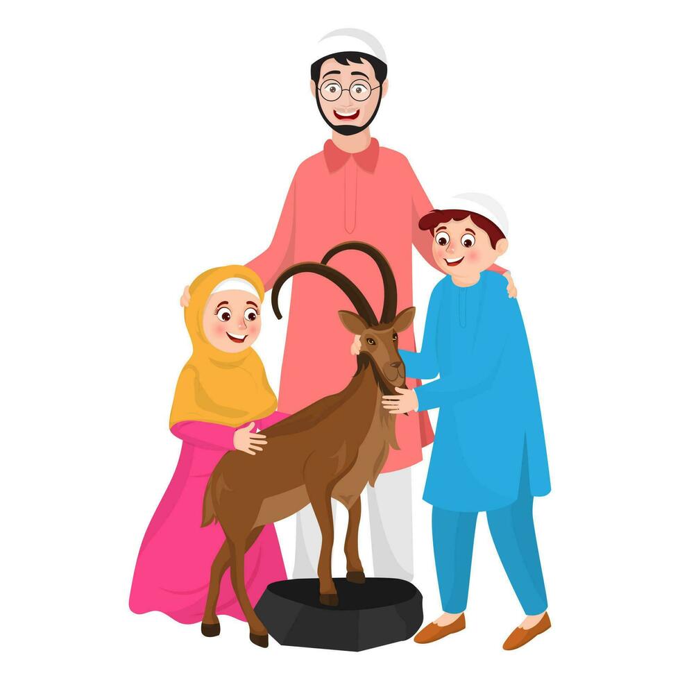 Cartoon character of father with his children and goat on white background. vector